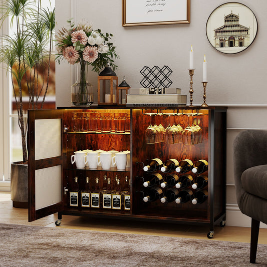 Wine Bar Cabinet, Adjustable Shelves, LED Light, Rustic Brown Wine Racks Rustic Brown at Gallery Canada