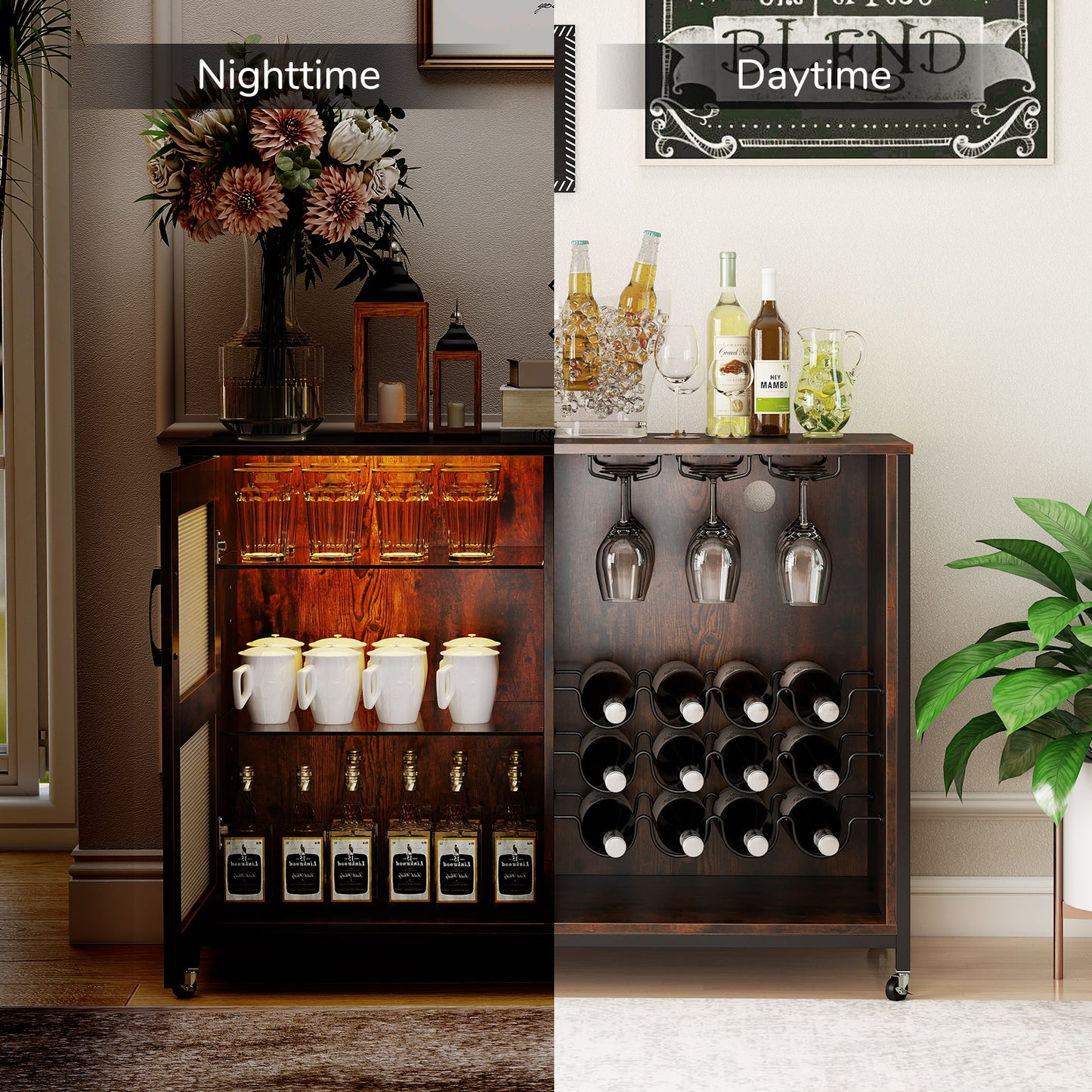 Wine Bar Cabinet, Adjustable Shelves, LED Light, Rustic Brown Wine Racks at Gallery Canada