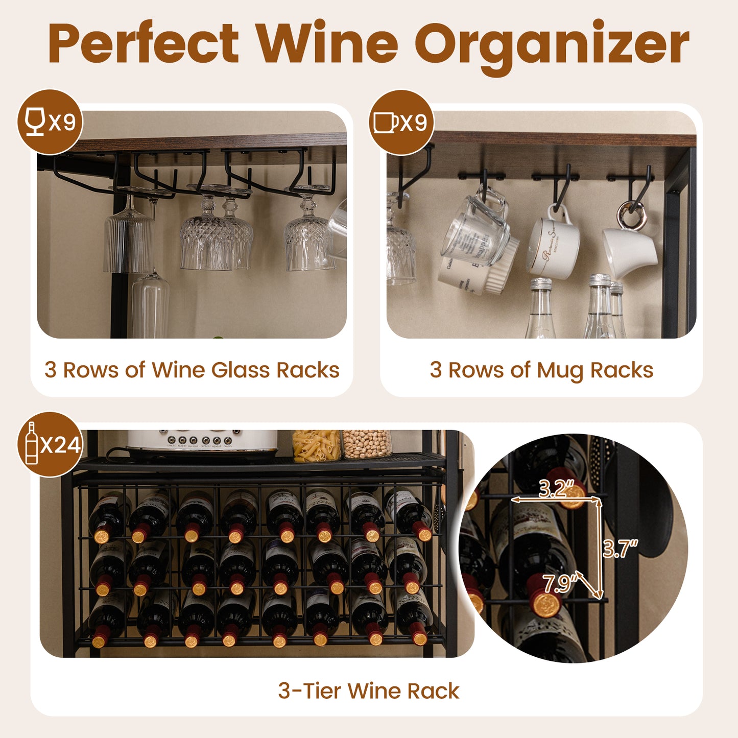 Wine Organizer With Power Outlet, Bottle Holders, Rustic Brown Wine Racks at Gallery Canada