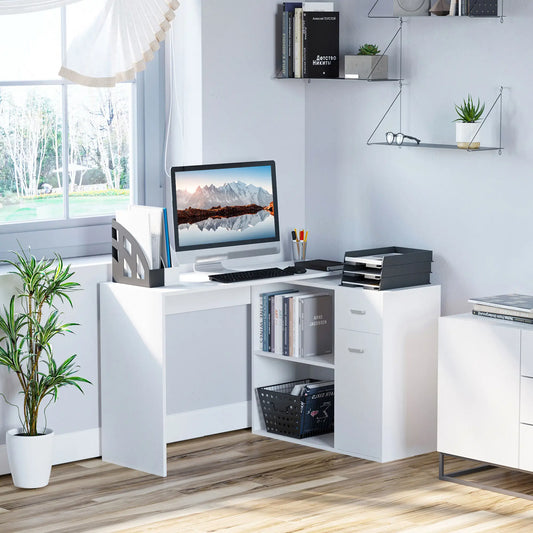 180° Rotating Corner Desk, Storage Shelf Cabinet, White Writing Desks White at Gallery Canada