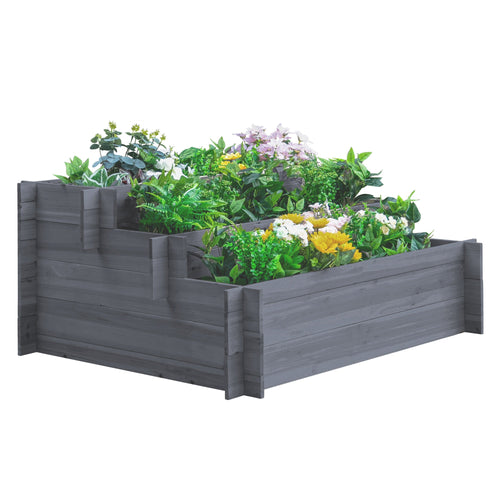 3-Tier Wood Raised Garden Bed, Elevated Planting Box, Outdoor Vegetable Flower Container, Herb Garden Indoor Kit, Gray