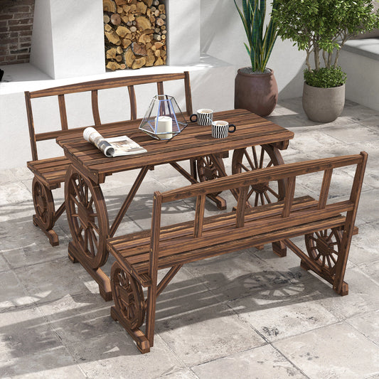 Wooden Patio Table and Chairs, 3-Piece, Carriage Wheels, Carbonized Bistro Sets Carbonized at Gallery Canada