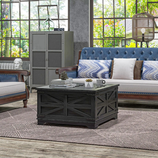 Farmhouse Coffee Table, Square Flip-Top Lid, Hidden Storage, Black Coffee Tables Black at Gallery Canada