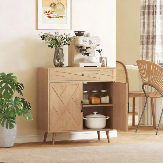 30" Sideboard With Patterned Doors, Oak Buffet Cabinet With Drawer