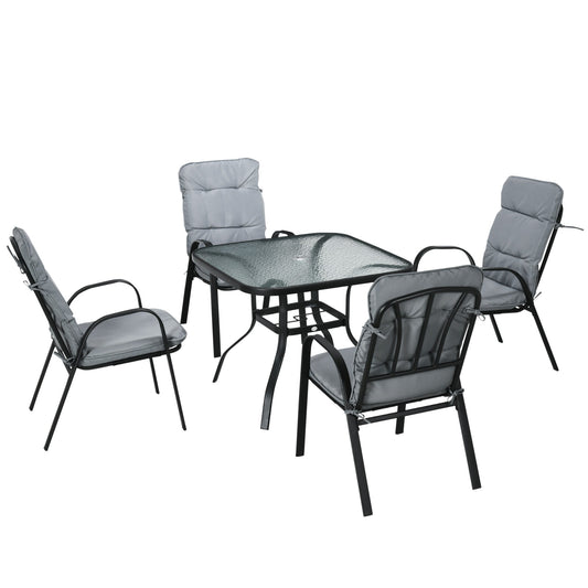 5 Piece Outdoor Square Garden Dining Set w/ Tempered Glass Dining Table 4 Cushioned Armchairs, Umbrella Hole, Grey at Gallery Canada