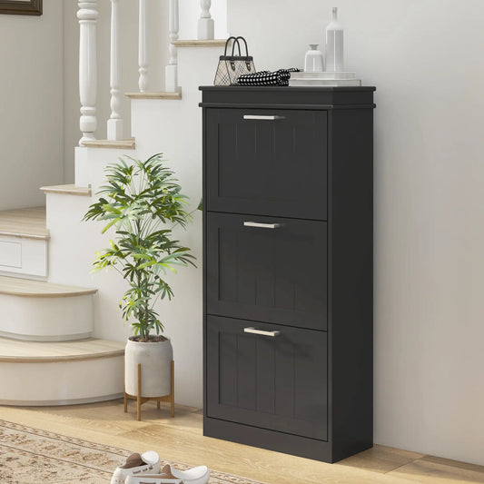 Slim Shoe Cabinet, 3 Flip Drawers, Adjustable Shelves, Holds 15 Pairs, Black Shoe Storage Cabinets & Racks Black at Gallery Canada