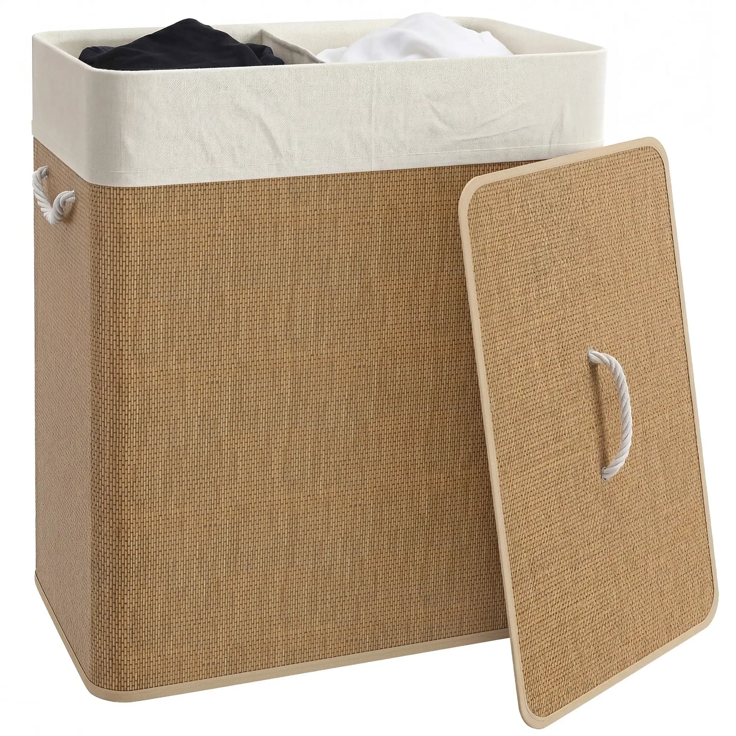Double Laundry Basket with Lid, 100L Bamboo Hamper, Removable Bags, Brown Clothing Storage at Gallery Canada