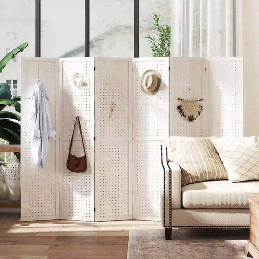 5.6 Ft. 6-Panel Room Divider, Pegboard Privacy Screen, White