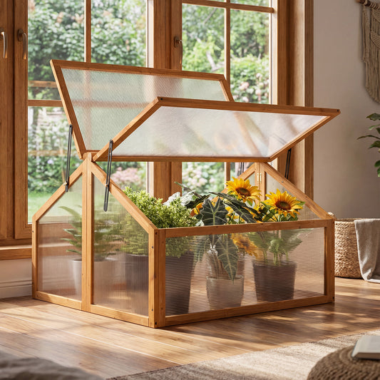 Wood Cold Frame Greenhouse Raised Flower Planter Protection with Transparent Openable Roof, Orange
