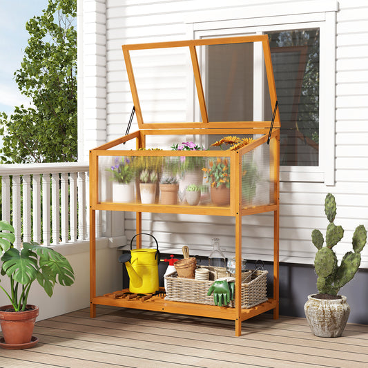 Wood Cold Frame Greenhouse with Transparent Openable Roof and Slatted Storage Shelf, Orange