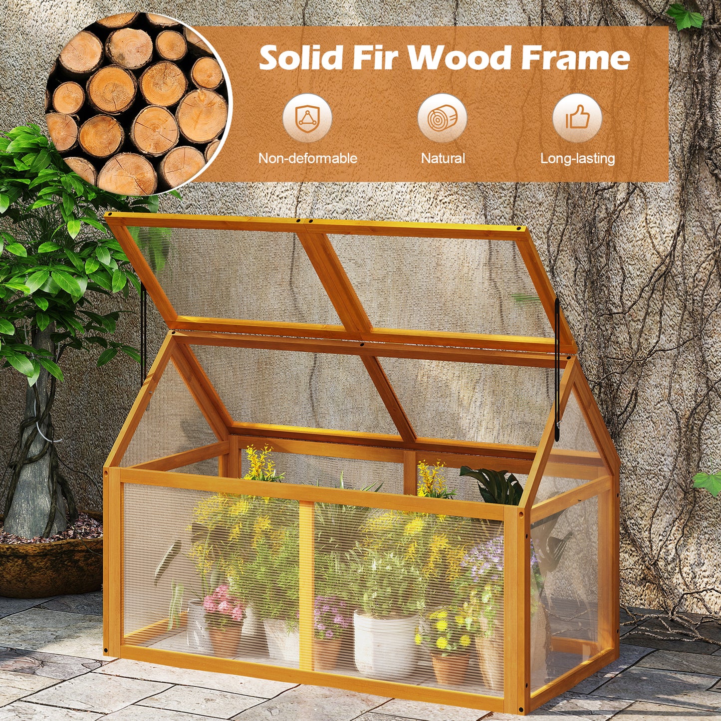 Wood Cold Frame Greenhouse Raised Flower Planter Protection with Adjustable Roof, Orange