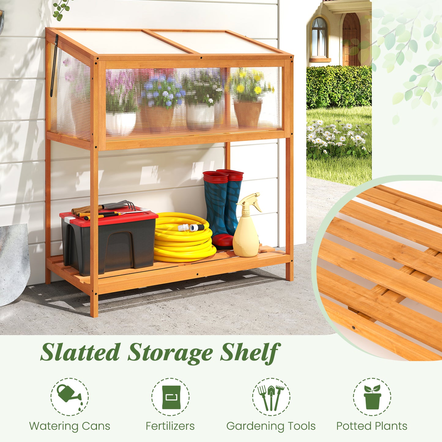 Wood Cold Frame Greenhouse with Transparent Openable Roof and Slatted Storage Shelf, Orange Greenhouses at Gallery Canada