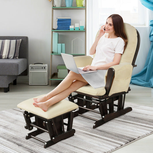 Wood Glider Ottoman Set, Padded Armrests, Detachable Cushion, Beige Recliners Beige at Gallery Canada