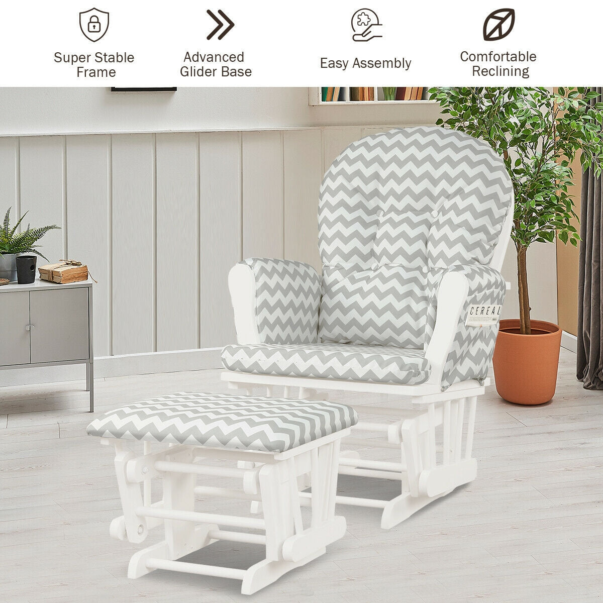 Wood Glider Ottoman Set, Padded Armrests, Detachable Cushion, Gray And White Recliners at Gallery Canada