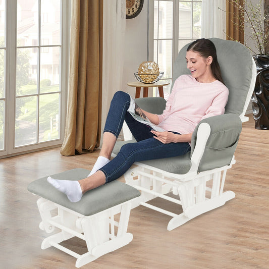 Wood Glider Ottoman Set, Padded Armrests, Detachable Cushion, Light Gray Recliners Light Gray at Gallery Canada