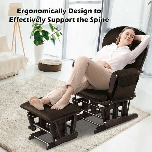 Wood Glider Ottoman Set, Padded Armrests, Detachable Cushion, Brown Recliners Brown at Gallery Canada