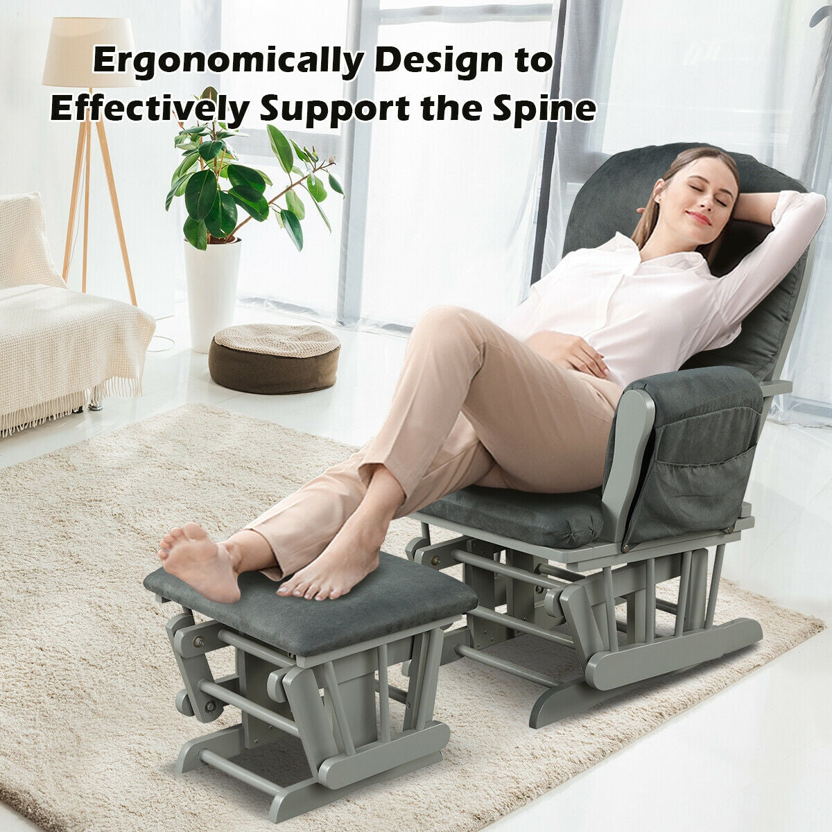 Wood Glider Ottoman Set, Padded Armrests, Detachable Cushion, Dark Gray Recliners at Gallery Canada