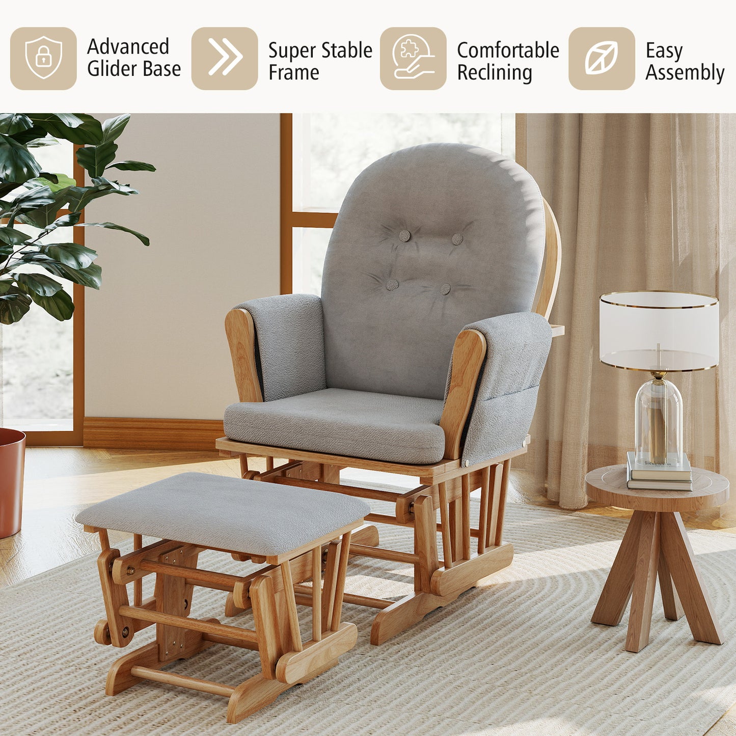 Wood Glider Ottoman Set, Padded Armrests, Detachable Cushion, Natural Recliners at Gallery Canada