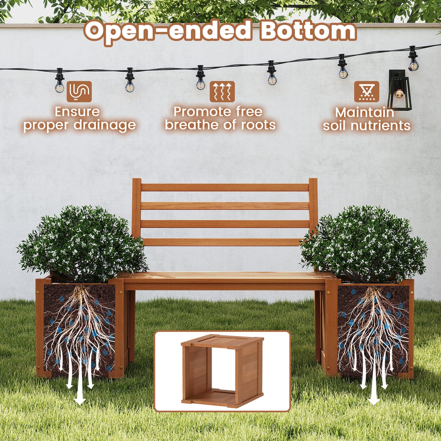 Wood Planter Box With Bench And Backrest, Natural Raised Garden Beds at Gallery Canada