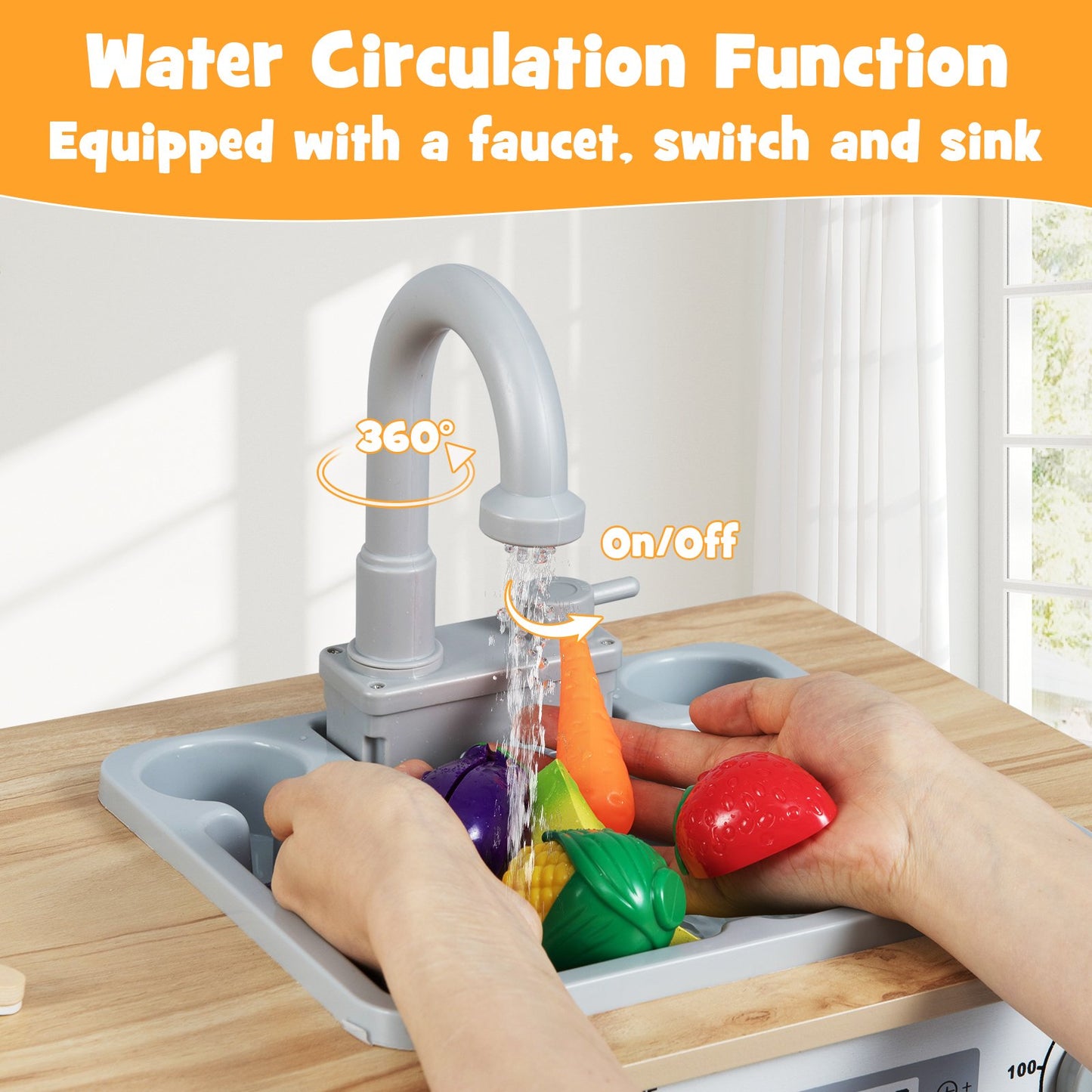 Wooden 2 Piece Kids Kitchen Playset with Fridge and Running Water, Natural Play Kitchen Sets at Gallery Canada