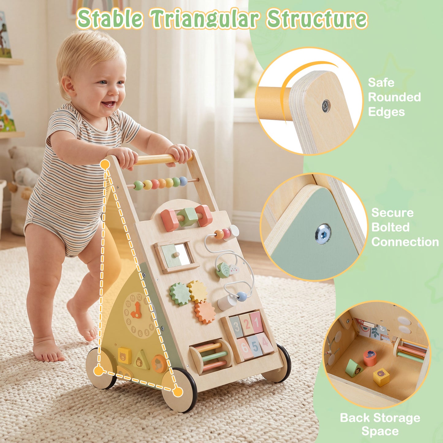 Wooden Baby Walker With Wheels, Storage Basket, Green