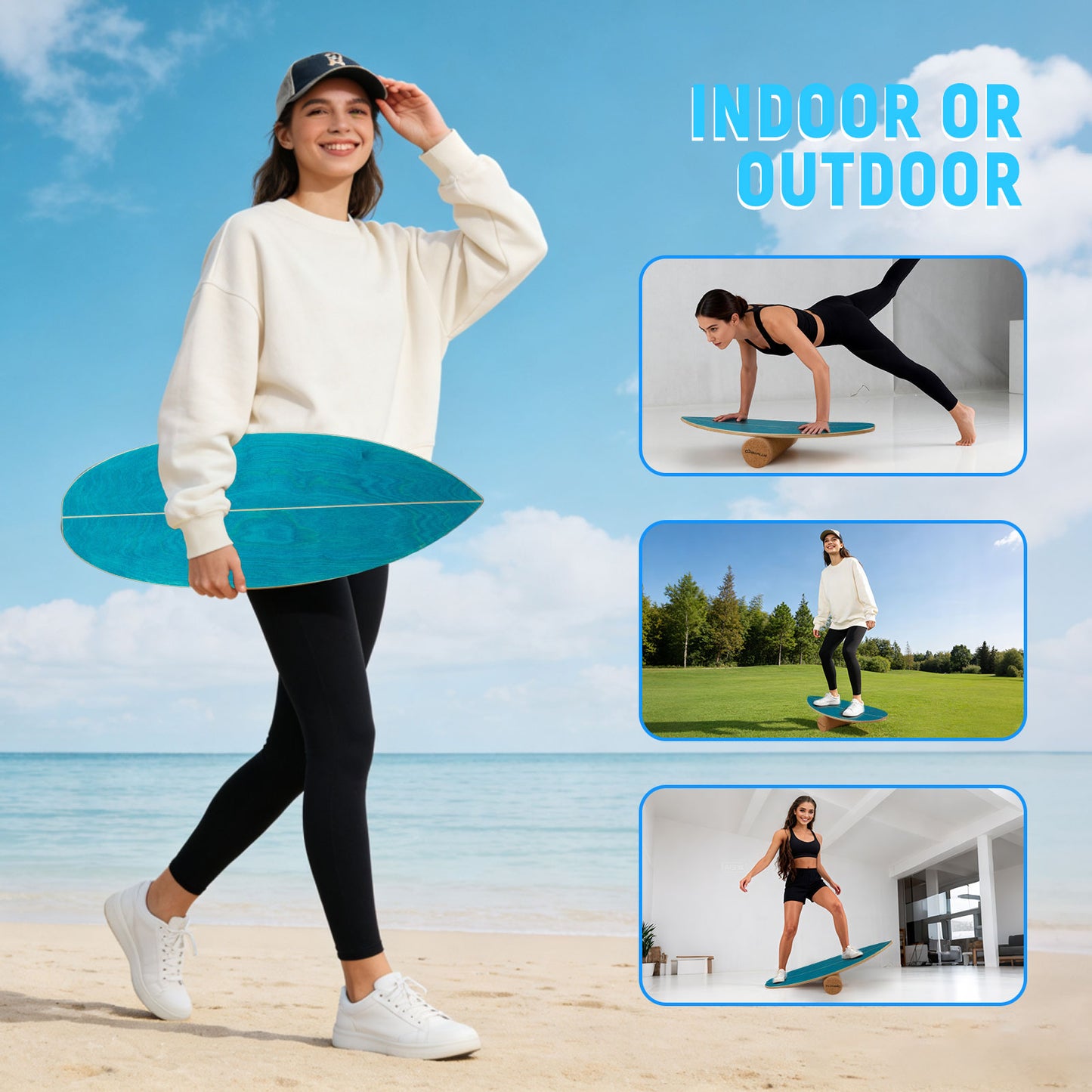 Wooden Balancing Board with Cork Roller and Storage Rack to Exercise-SE, Blue Sport Equipments at Gallery Canada