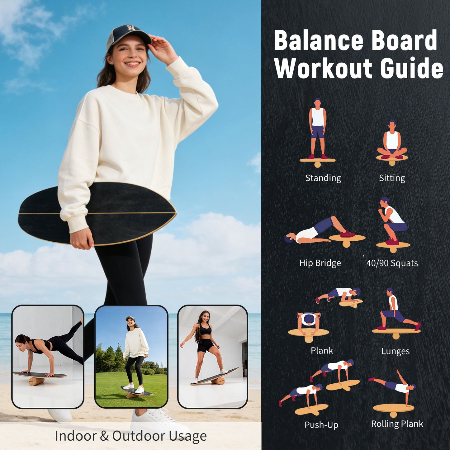 Wooden Balancing Board with Cork Roller and Storage Rack to Exercise-HS, Black Sport Equipments at Gallery Canada