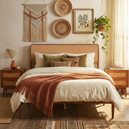Full Rattan Wooden Bed Frame with Slat Support, Brown Simple Bed Frame Brown at Gallery Canada