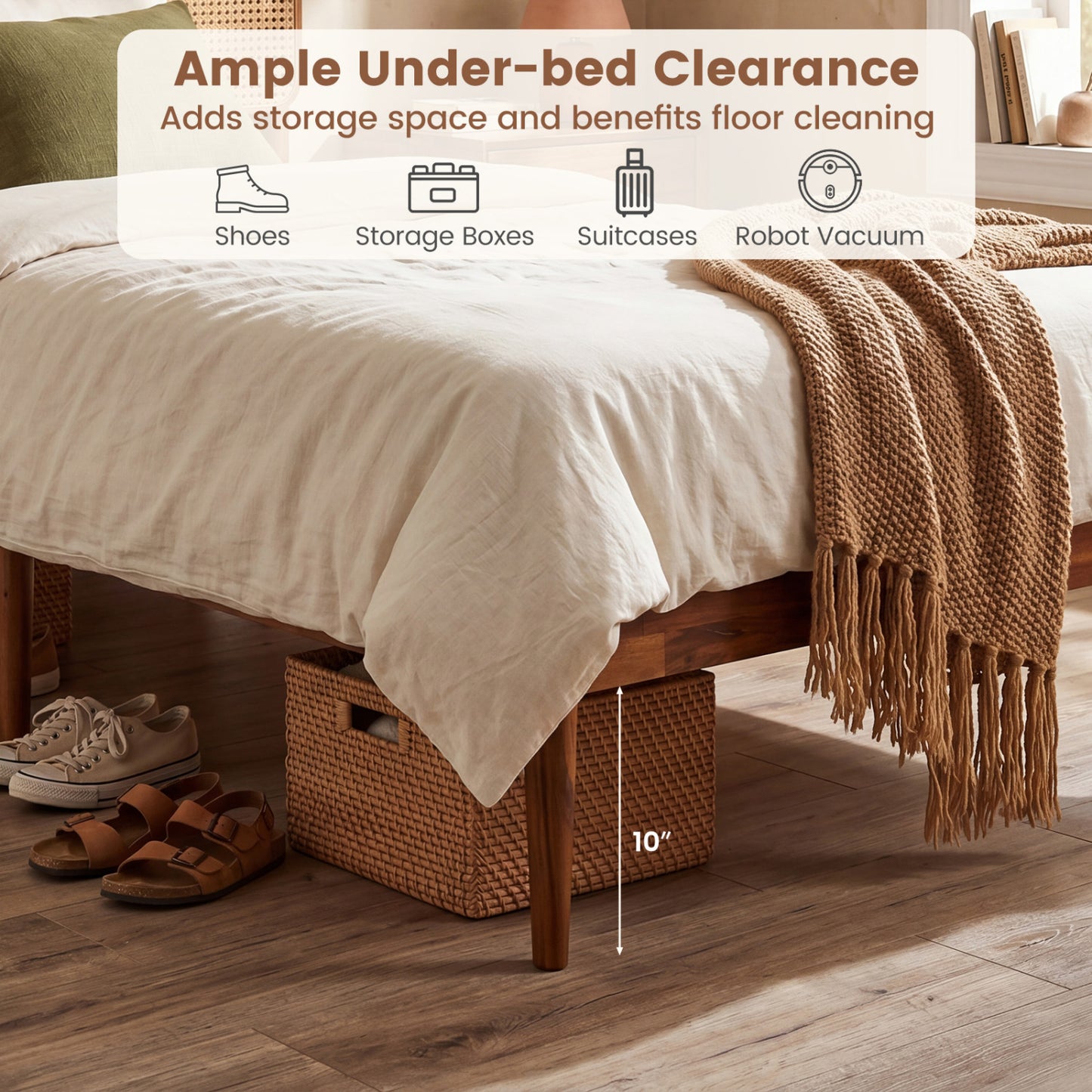 Wooden Boho Rattan Bed Frame, Twin, Brown