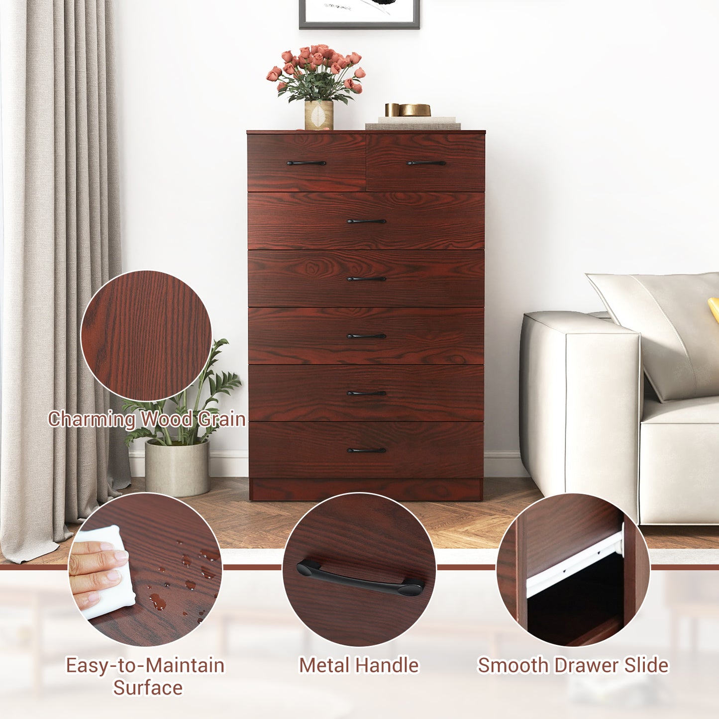 Wooden Chest Of Drawers, Anti-Toppling Device, Metal Handles, Espresso Cabinets & Chests at Gallery Canada