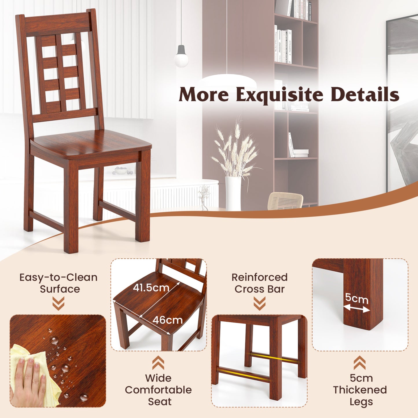 Wooden Dining Chairs, Set of 2, Solid Rubber Wood Frame, Walnut