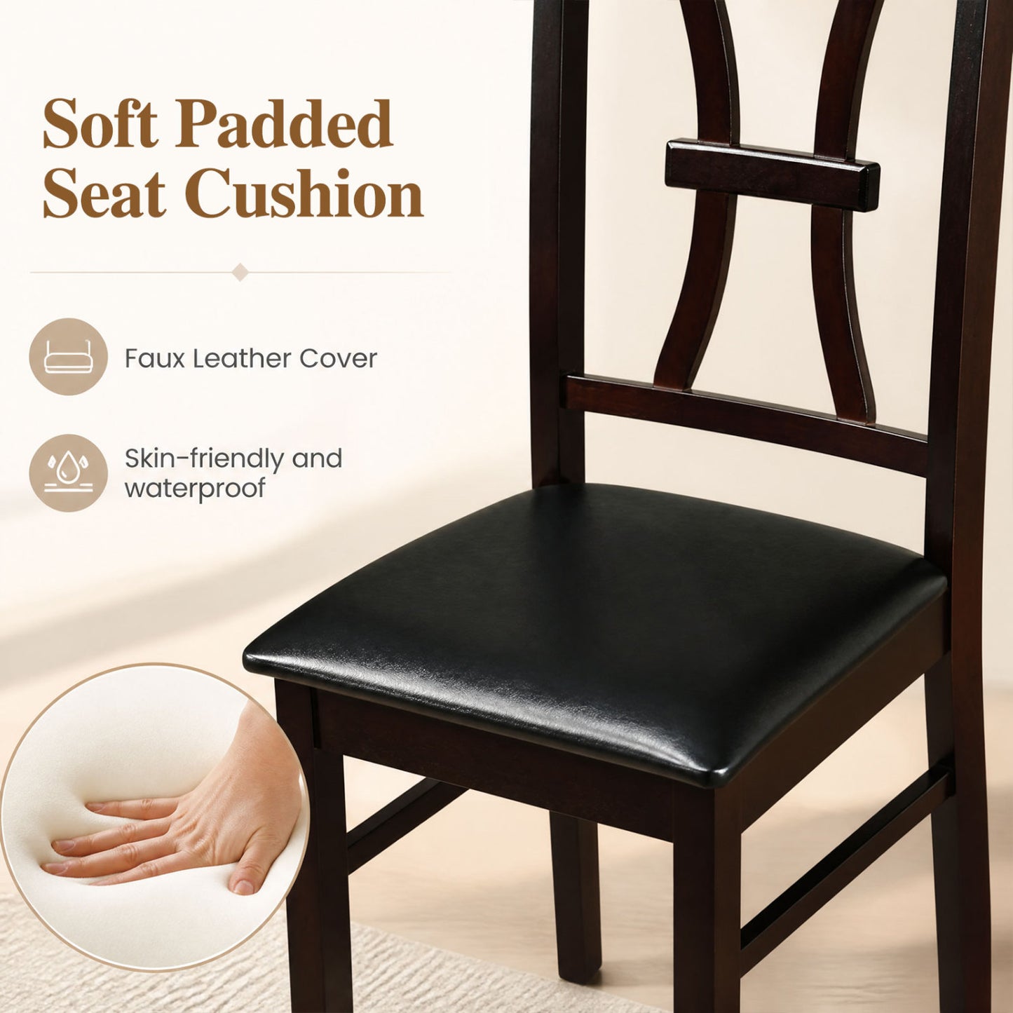 Wooden Dining Chairs Set of 2, Faux Leather Seat, Brown