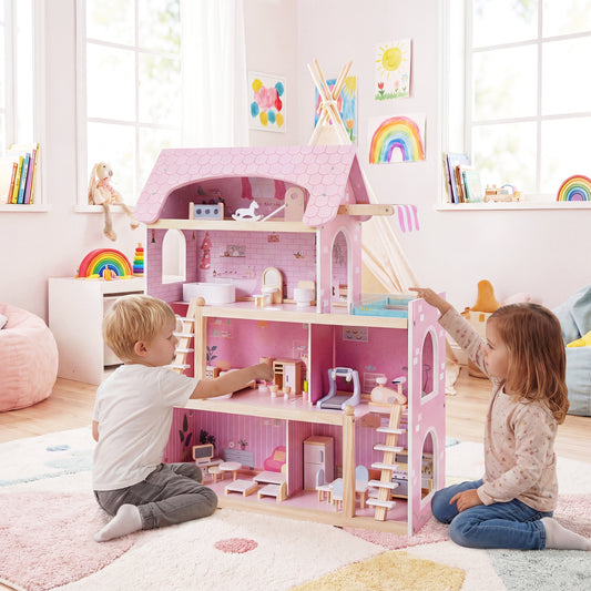 Wooden Dollhouse Kids DIY Playhouse with 33 Pcs Furniture, Pink Play Tents & Playhouse Pink at Gallery Canada