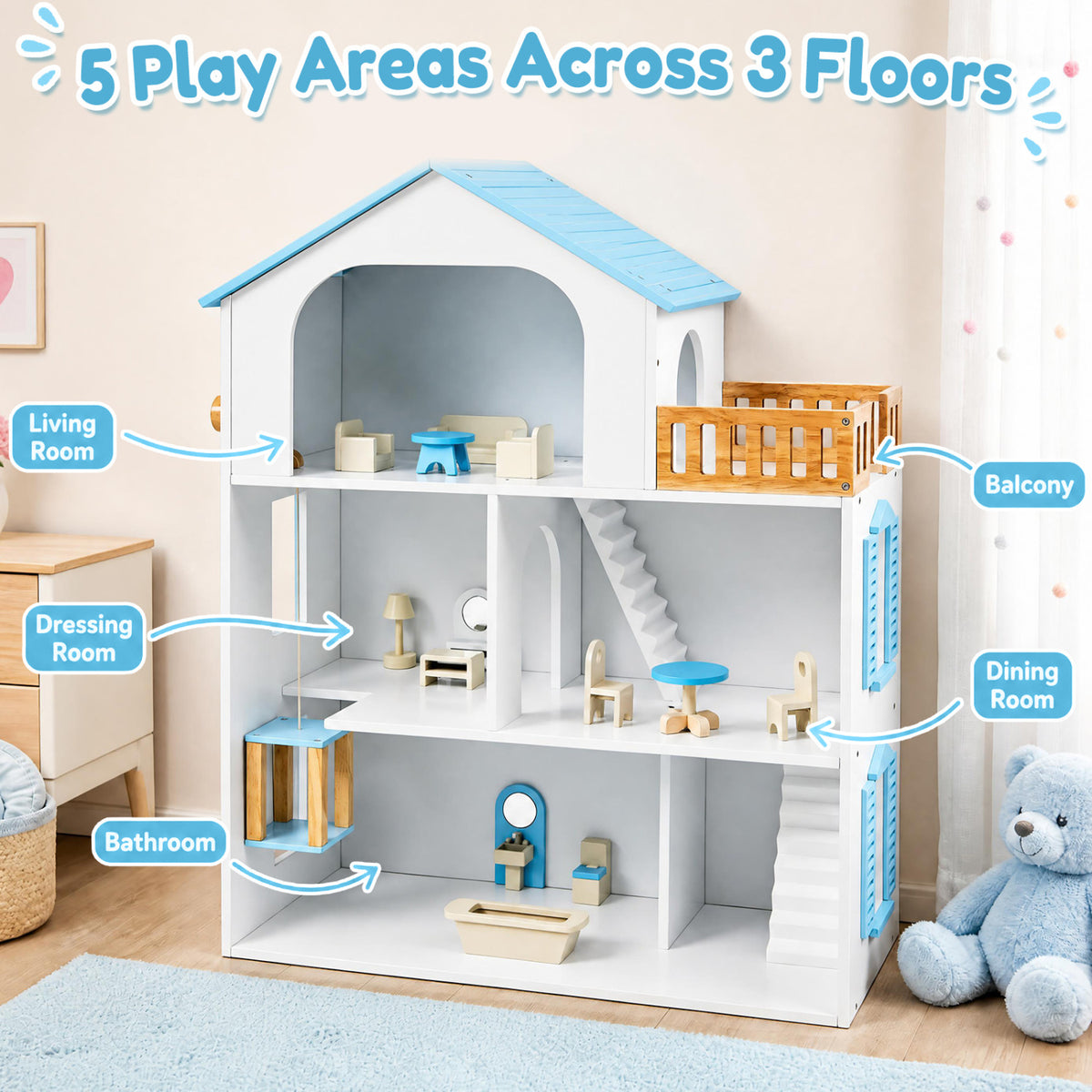 Wooden Dollhouse, 5 Rooms, Furniture, Kids, Blue Play Kitchen Sets at Gallery Canada