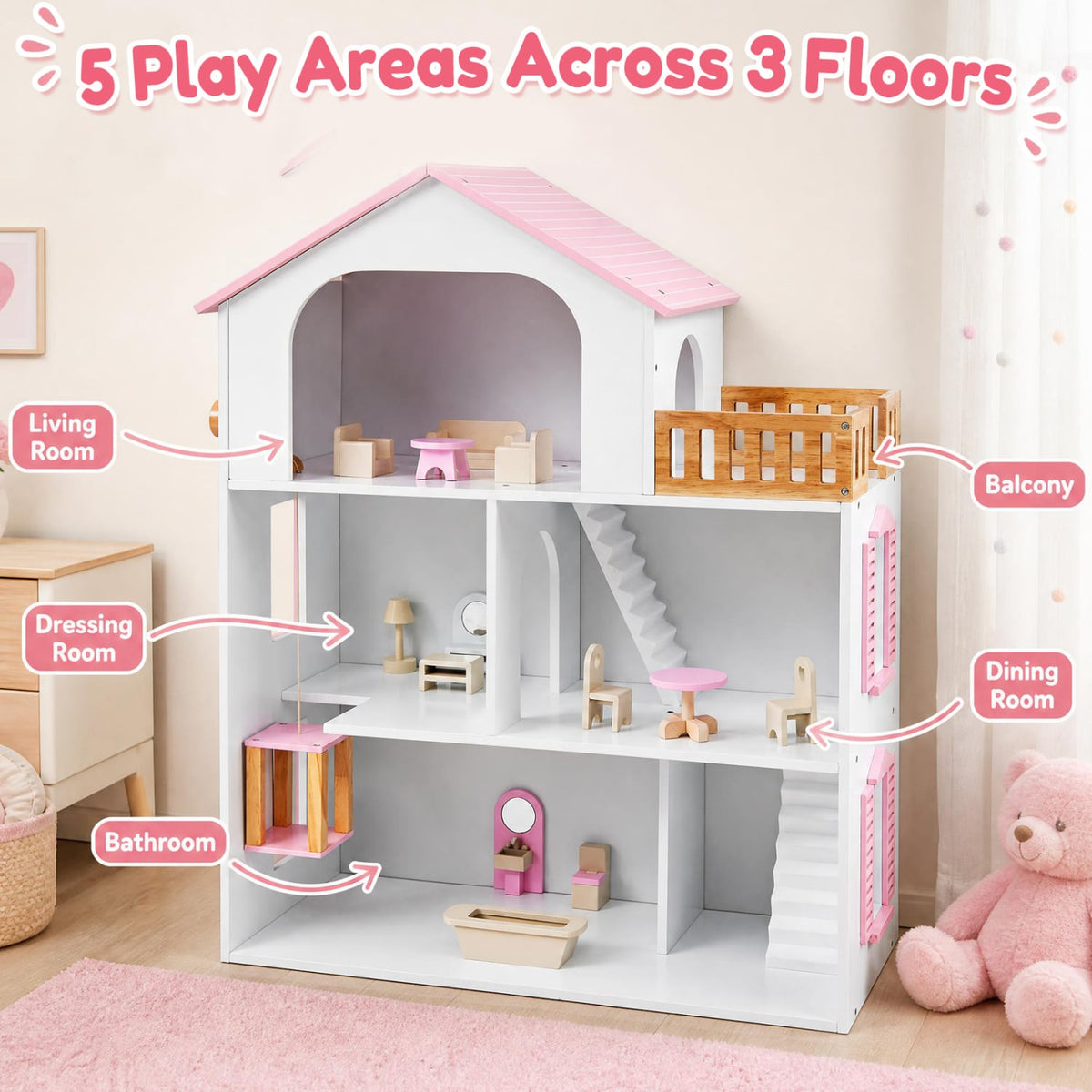 Wooden Dollhouse, 5 Rooms, Furniture Accessories, Pink Play Kitchen Sets at Gallery Canada