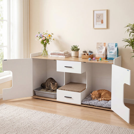 Wooden Hidden Cat House Cabinet, Wide Countertop, 2 Drawers, 2 Doors, Natural Cat Houses Natural at Gallery Canada