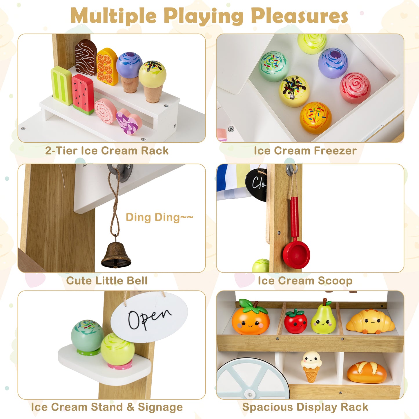Wooden Ice Cream Cart for Kids 2-in-1 Grocery Store Playset with Display Shelves, White Play Kitchen Sets at Gallery Canada