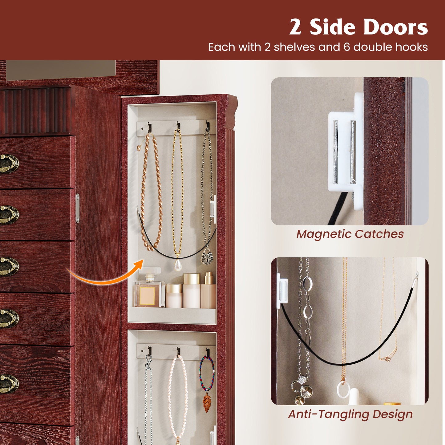 Wooden Jewelry Armoire Cabinet Storage Chest with Drawers and Swing Doors, Brown Jewelry Armoires at Gallery Canada