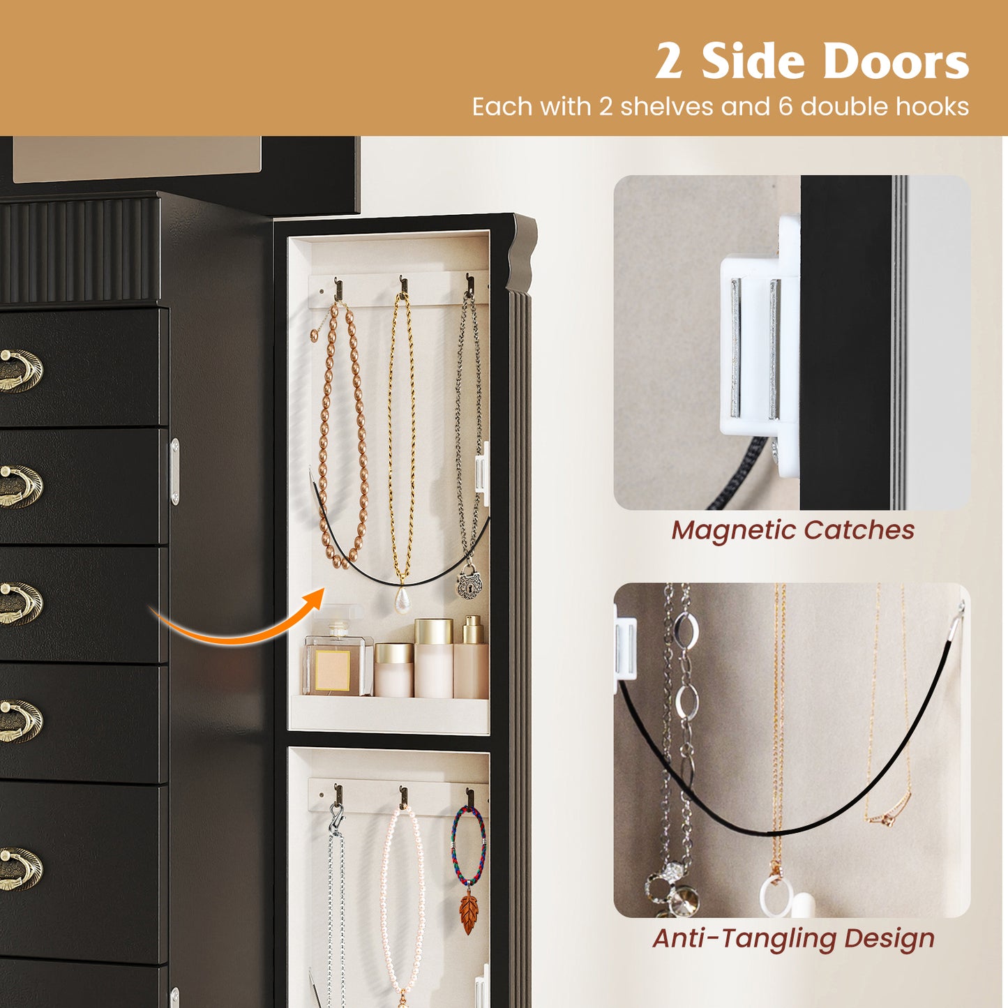 Wooden Jewelry Armoire Cabinet Storage Chest with Drawers and Swing Doors, Black Jewelry Armoires at Gallery Canada