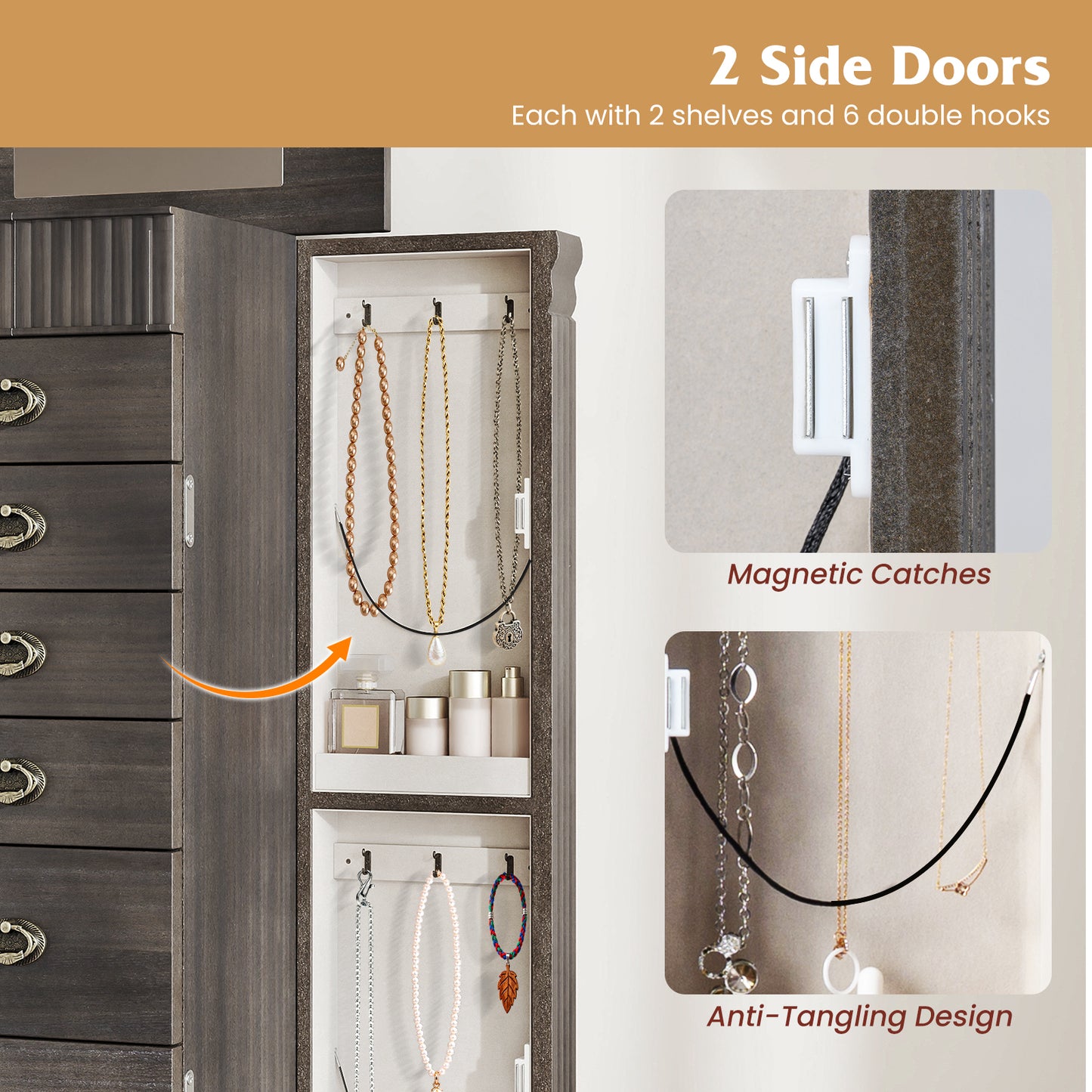 Wooden Jewelry Armoire Cabinet Storage Chest with Drawers and Swing Doors, Gray Jewelry Armoires at Gallery Canada