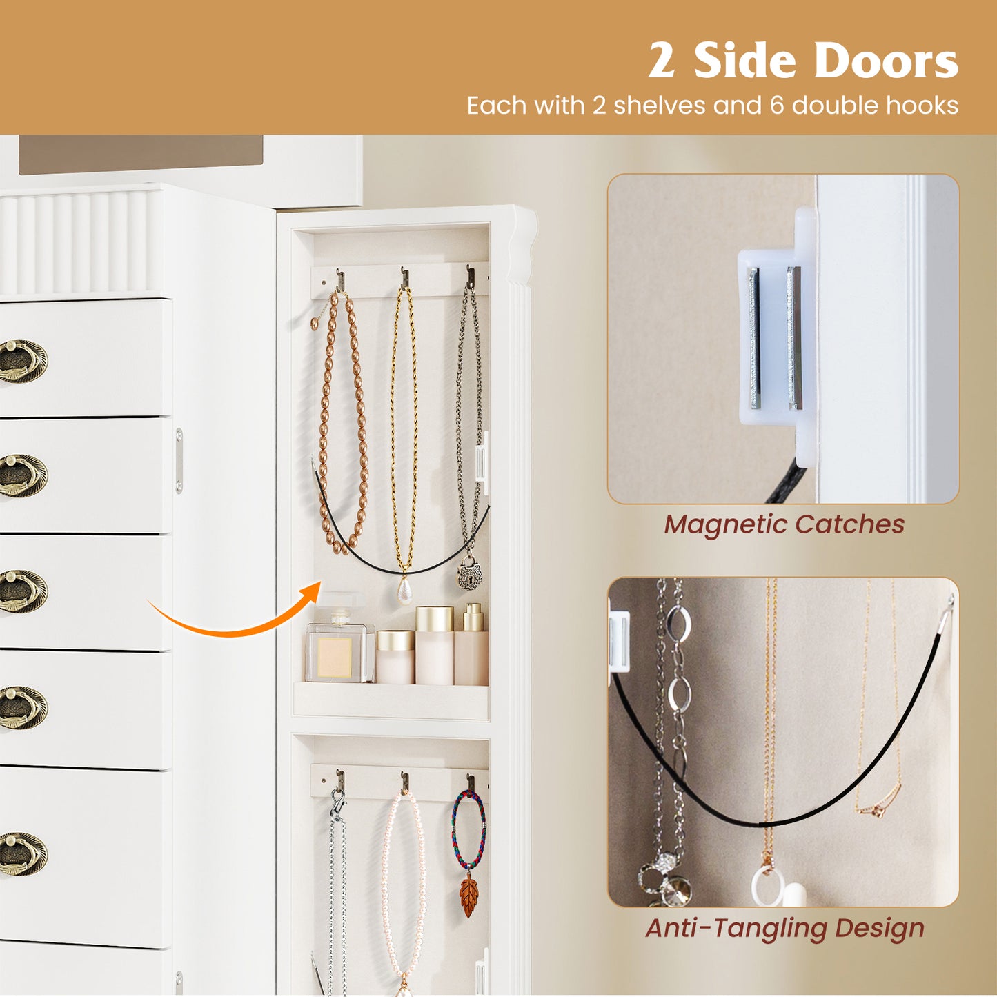 Wooden Jewelry Armoire Cabinet Storage Chest with Drawers and Swing Doors, White Jewelry Armoires at Gallery Canada
