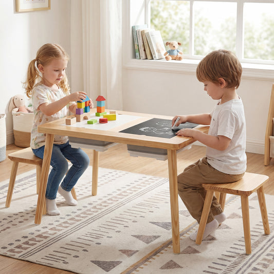Wooden Kids Activity Table Set with 2 Foldable Storage Bins, Natural Kids Table & Chair Sets Natural at Gallery Canada