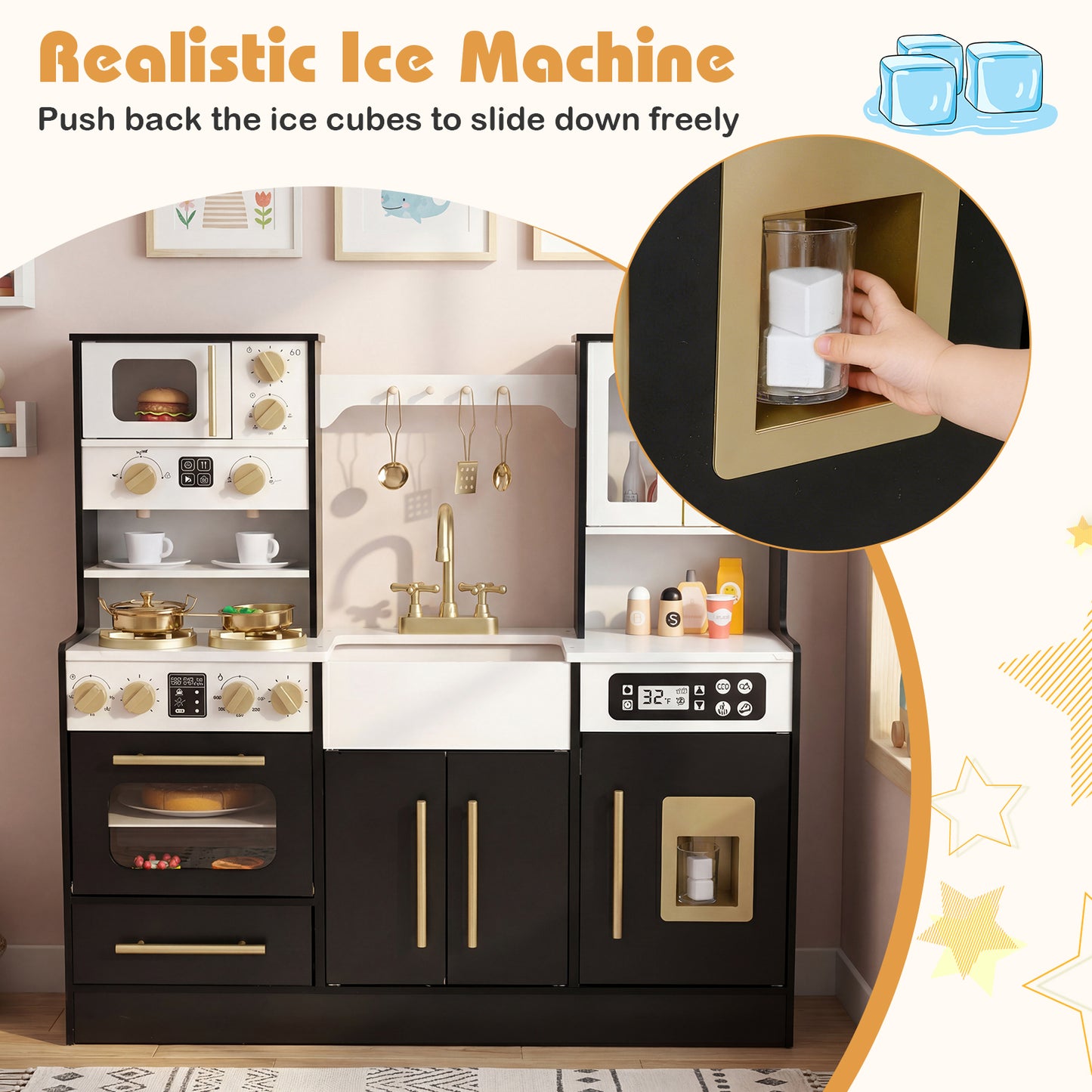 Wooden Kids Kitchen Playset, Realistic Lights And Sounds, Black Play Kitchen Sets at Gallery Canada