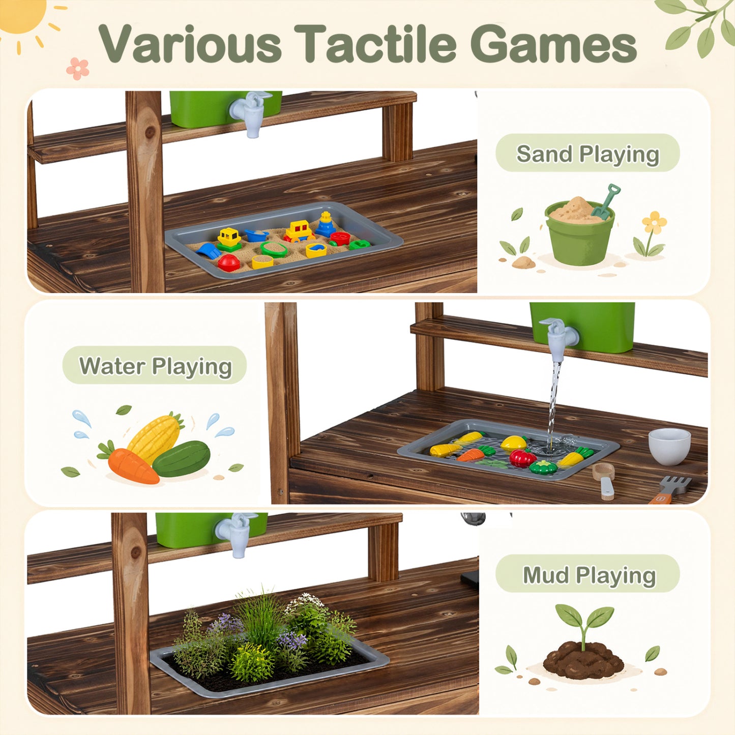 Wooden Kids Mud Kitchen, 8 Accessories, 2-Sided Chalkboard, Brown