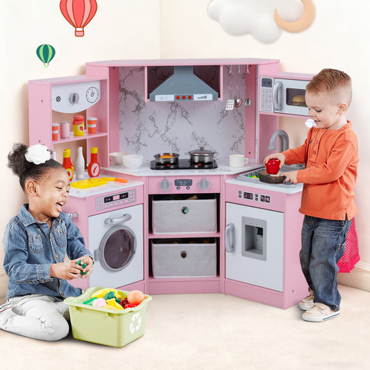 Wooden Kids Play Kitchen Playset with Realistic Lights and Sounds, Pink Play Kitchen Sets Pink at Gallery Canada