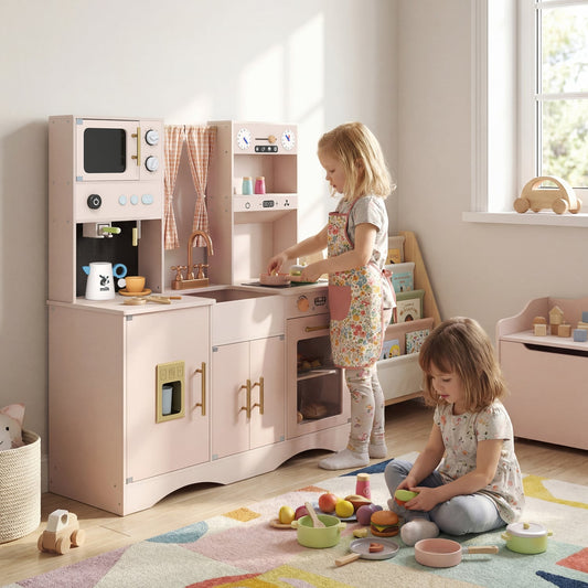 Wooden Kids Play Kitchen, Microwave, Coffee Maker, Pink Play Kitchen Sets Pink at Gallery Canada