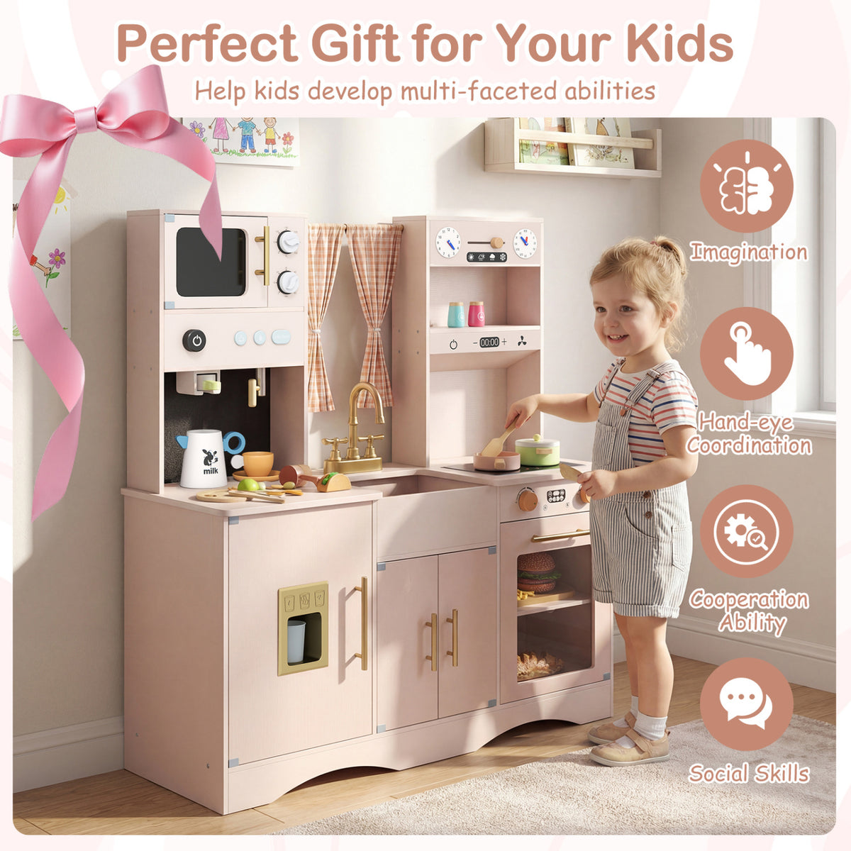 Kids Wooden Play Kitchen, Microwave, Coffee Maker, Pink