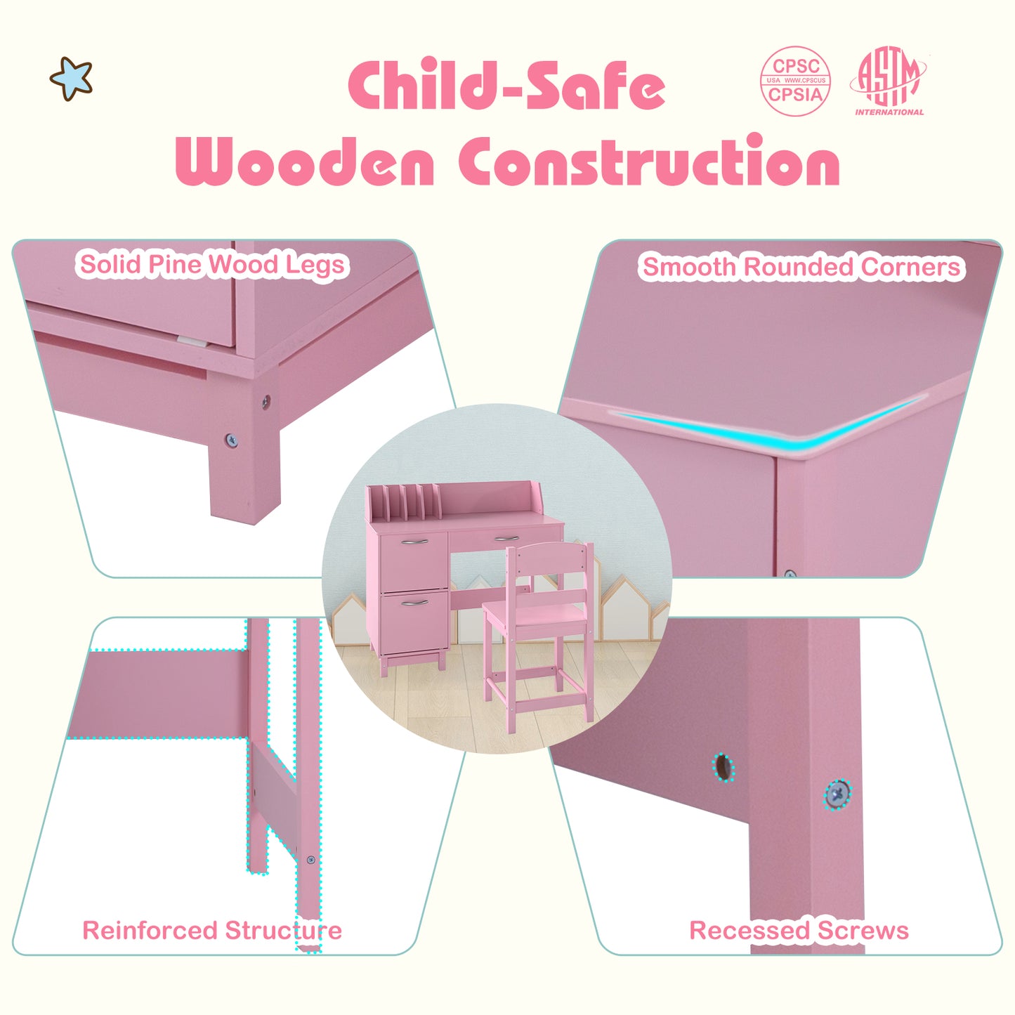 Wooden Kids Study Desk and Chair Set Student Workstation, Pink Kids Table & Chair Sets at Gallery Canada