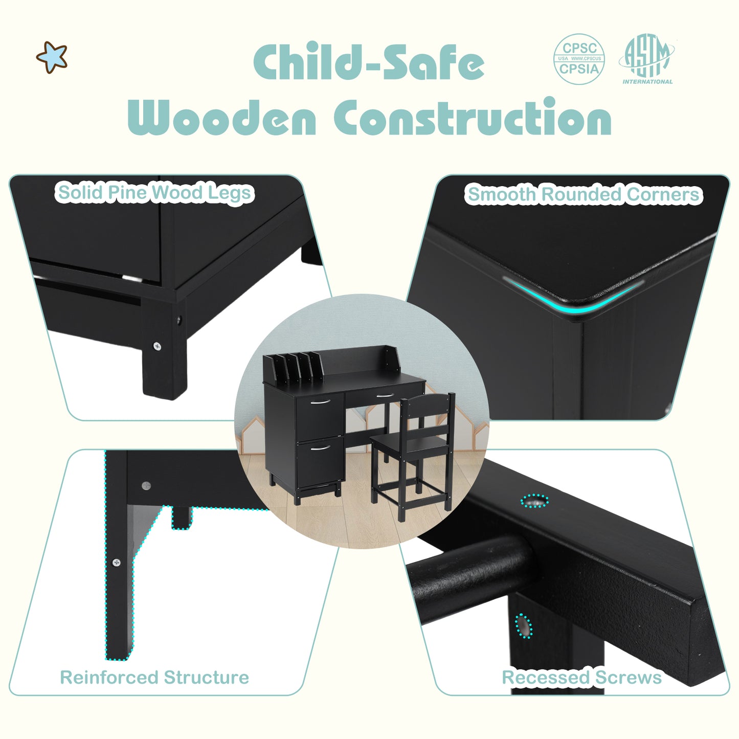 Wooden Kids Study Desk and Chair Set Student Workstation, Black Kids Table & Chair Sets at Gallery Canada