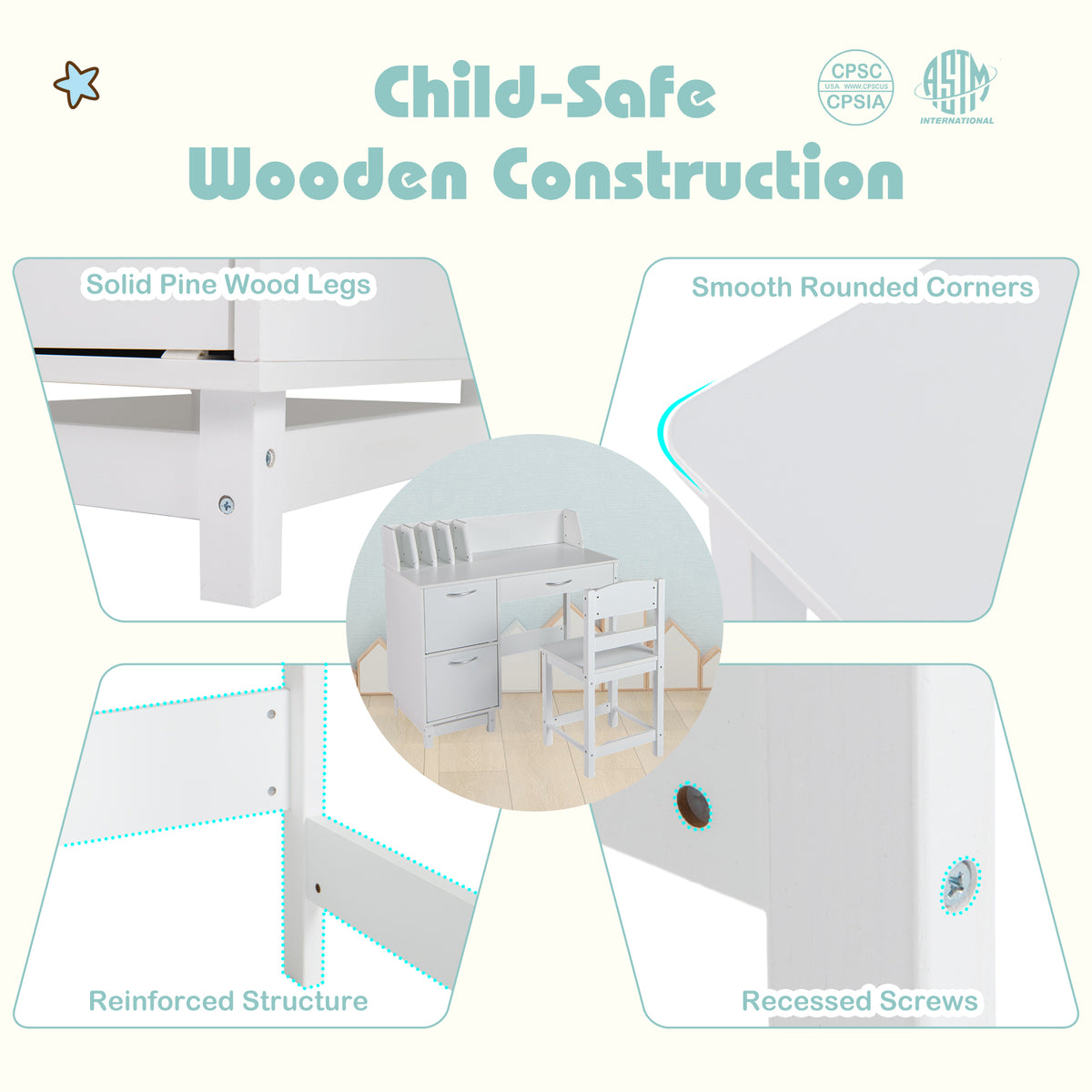 Wooden Kids Study Desk and Chair Set Student Workstation, White Kids Table & Chair Sets at Gallery Canada